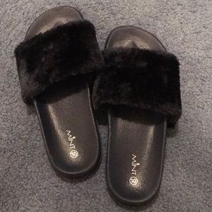 Dark Blue Fuzzy Slides